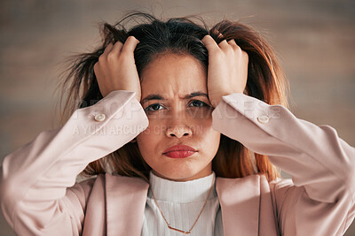 Buy stock photo Portrait, stress and woman in office with anxiety, problem or mental health issue on wall background. Frustrated, lady and face of corporate employee suffering burnout, angry or headache from vertigo