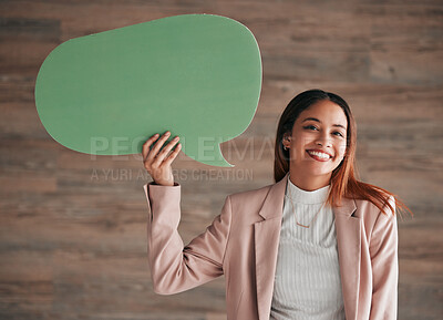 Buy stock photo Portrait of business woman, speech bubble and wall background, blank sign for social media chat or notification. Smile, happiness and model with empty poster space for announcement, opinion or ideas.