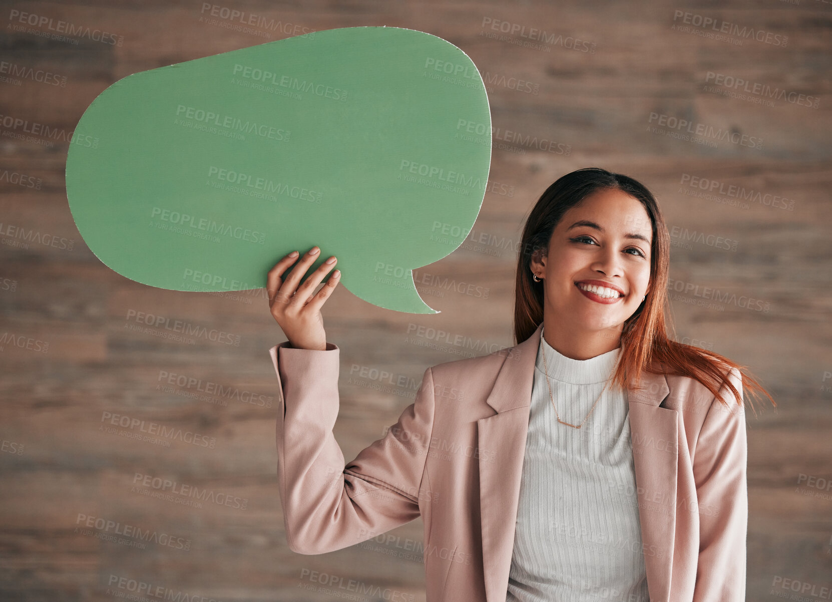 Buy stock photo Portrait of business woman, speech bubble and wall background, blank sign for social media chat or notification. Smile, happiness and model with empty poster space for announcement, opinion or ideas.