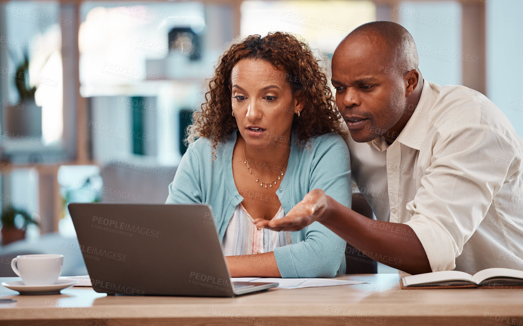 Buy stock photo Budget, finance and black couple with laptop at table checking online banking email with concern. Computer, man and woman planning financial investment, bank payment report and taxes with internet.