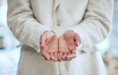 Buy stock photo Support, charity and hands of woman open for giving, begging and receive donation in office. Business, gratitude and palms of female with asking gesture for community aid, thank you and helping