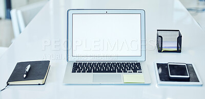 Buy stock photo Backgrounds, laptop and mockup screen at office desk for web design, media research and technology. Blank computer, internet and mock up in business for advertising, marketing and connection on table