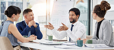 Buy stock photo Black man, business and leader with staff, meeting and planning for profit growth, financial group and share ideas. African American male ceo, employees and coworkers brainstorming and feedback