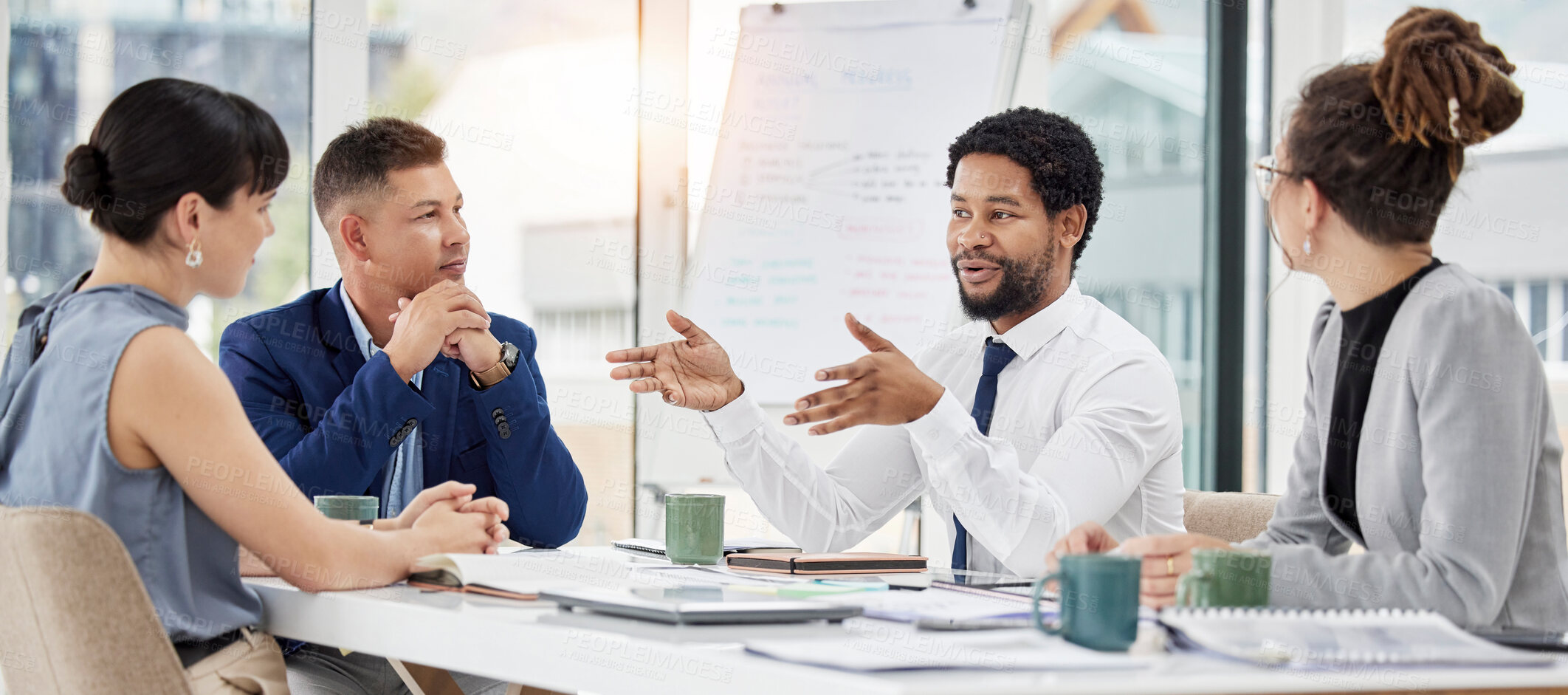 Buy stock photo Black man, business and leader with staff, meeting and planning for profit growth, financial group and share ideas. African American male ceo, employees and coworkers brainstorming and feedback