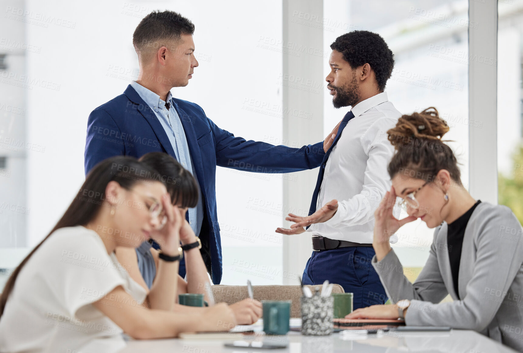 Buy stock photo Team, frustrated and business people with conflict in office with problem, crisis and stressed out in meeting. Fight, corporate and men and women in serious discussion for mistake, risk and warning