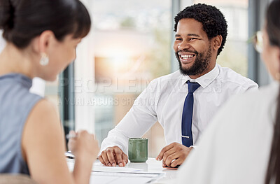 Buy stock photo Business, team and black man in meeting, planning and new project with happiness, success or talking. African American male leader, employees or staff brainstorming, smile or discussion for ideas
