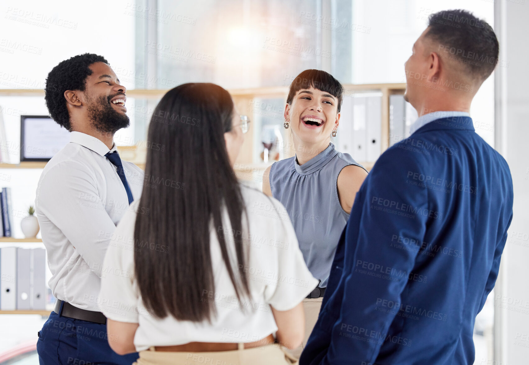 Buy stock photo Smile, friends and group of people in modern office, social conversation and joke at startup. Happy coworking, men and women at team building gathering on break, gossip and fun discussion together.