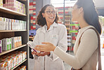 Happy woman, medicine shopping or pharmacist in pharmacy for retail healthcare information. Trust. women or friendly doctor helping a customer with store medication advice, pills or medical drugs 