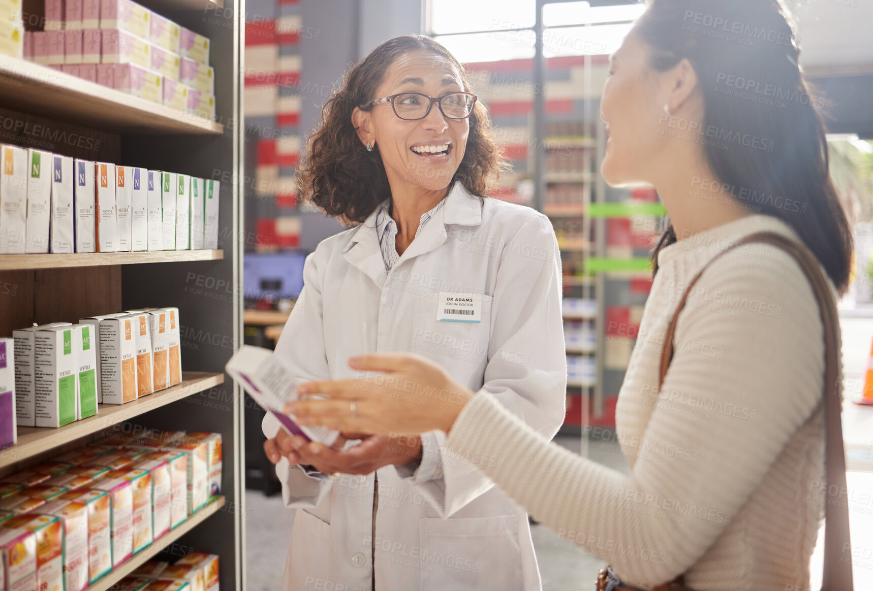 Buy stock photo Happy woman, medicine shopping or pharmacist in pharmacy for retail healthcare information. Trust, women or friendly doctor helping a customer with store medication advice, pills or medical drugs 