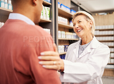 Buy stock photo Man shopping, support or happy pharmacist in pharmacy for retail healthcare information with smile or care. Trust, woman or senior doctor helping customer with medication advice or medical drugs