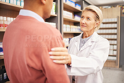 Buy stock photo Man shopping, support or pharmacist in pharmacy for retail healthcare information with empathy or care. Trust, woman or senior doctor helping customer with medication advice or medical store drugs