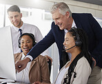 Training, happy team or manager in call center coaching telemarketing in customer services in office. Leadership, crm contact us or mentor teaching an insurance agent on new job tasks on a computer 