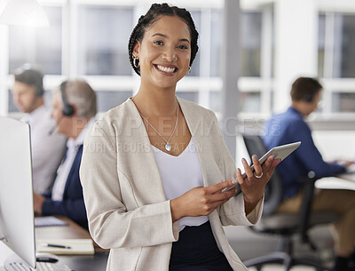 Buy stock photo Happy, confidence and portrait of a businesswoman in the office with digital tablet for research. Happiness, smile and professional female employee working on project with mobile device in workplace.