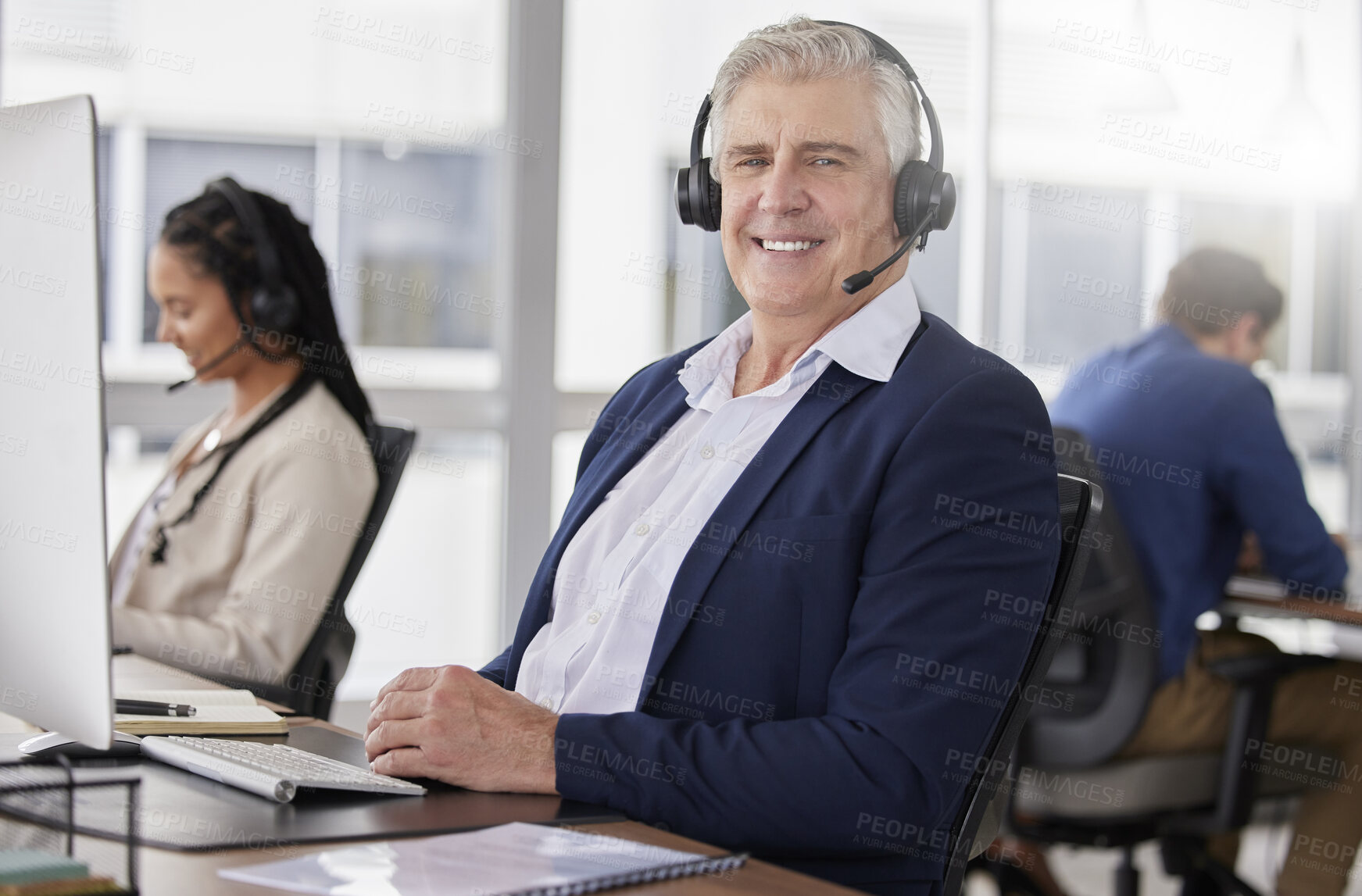 Buy stock photo Call center portrait, happy or friendly man in communication, speaking or talking to help with customer services. Smile, crm or mature sales agent with microphone in crm technical support office