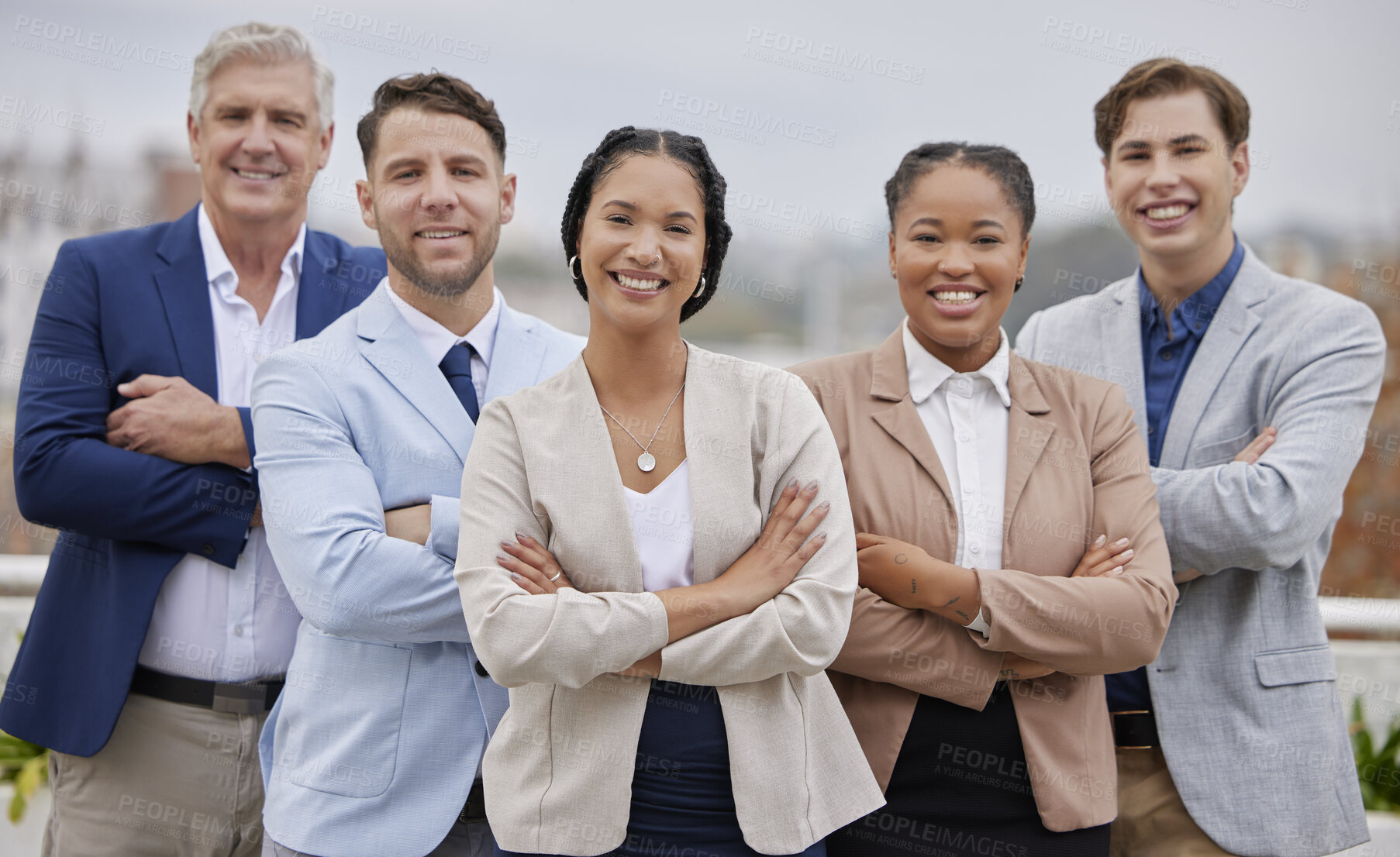 Buy stock photo Portrait, business and employees with arms crossed, teamwork and management skills. Female leader, staff and coworkers with leadership, group project and profit growth with manager and confidence