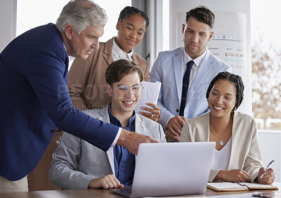 Buy stock photo Teamwork, laptop and collaboration of a office group with management and diversity. Business people, computer data check and planning staff with happiness from team building and financial project