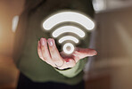 Woman hands, hotspot and wireless icon for network, signal and connection to technology, internet and website media. Closeup of digital connectivity, symbol and transmission of online data hologram 