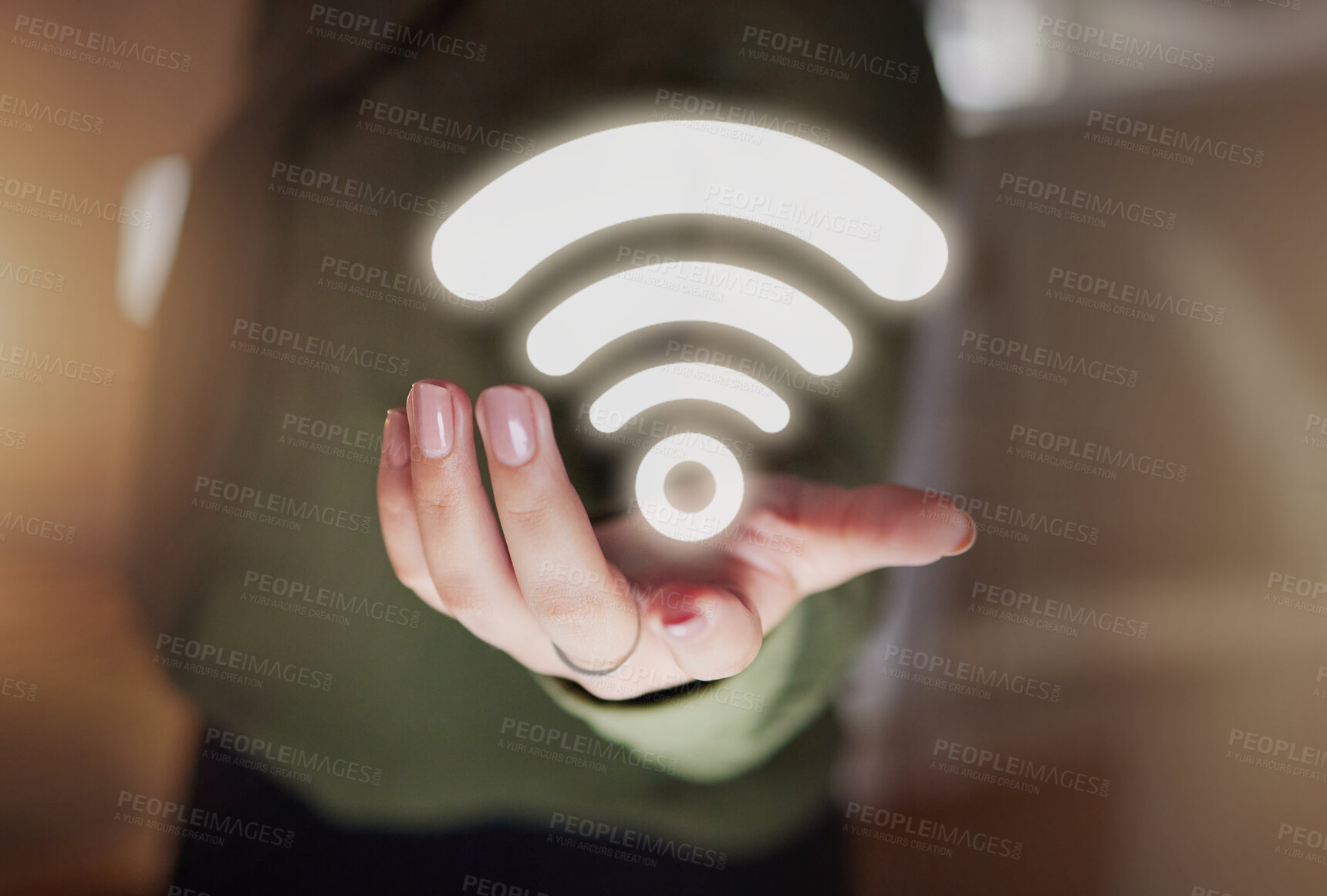 Buy stock photo Woman hands, hotspot and wireless icon for network, signal and connection to technology, internet and website media. Closeup of digital connectivity, symbol and transmission of online data hologram 