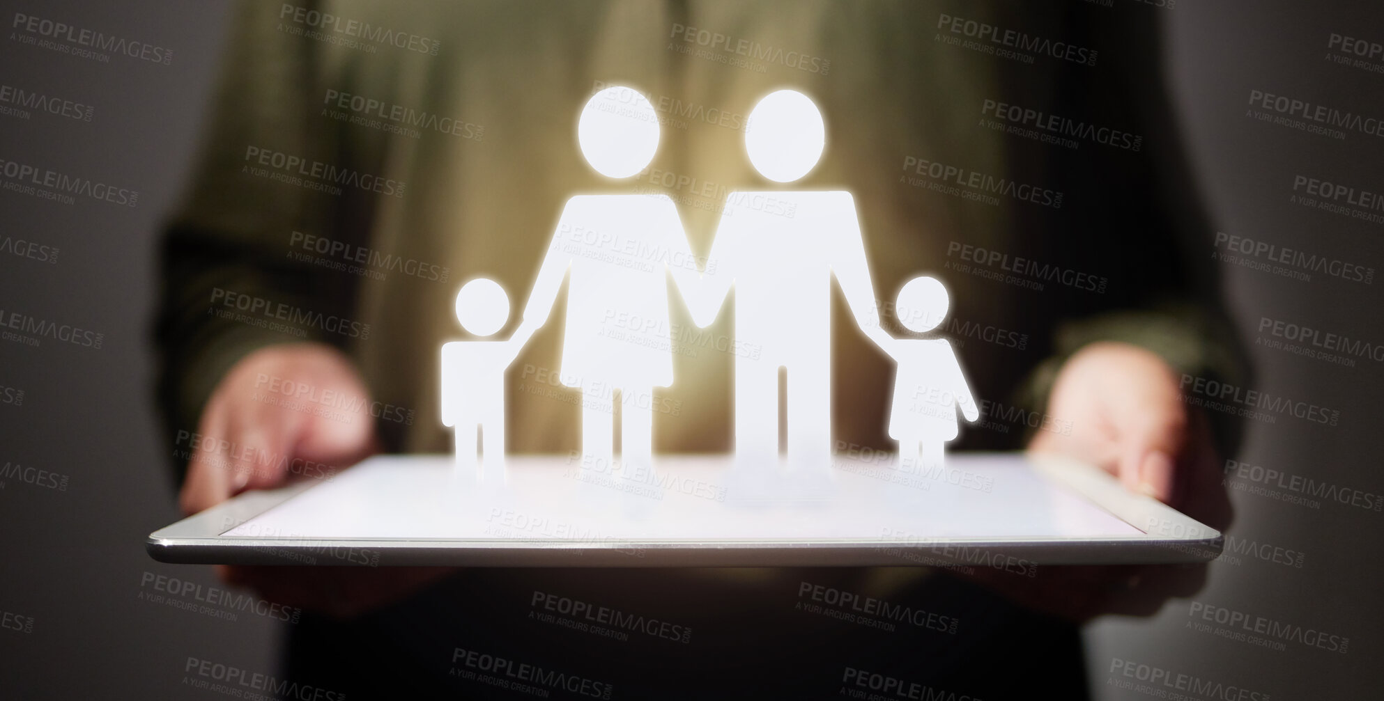 Buy stock photo Hands, family or life insurance hologram on tablet for future investment security, planning savings or 3d at night. Closeup, parents and children abstract on technology screen in late financial cover