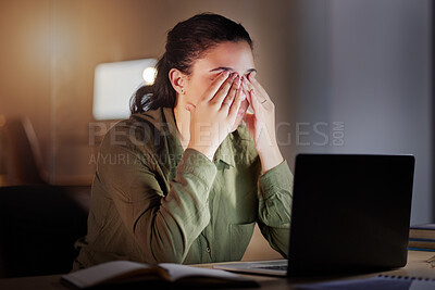 Buy stock photo Night, business and woman with burnout, tired and overworked with deadline, schedule and new project. Female consultant, employee and entrepreneur exhausted, working late or unproductive in workplace