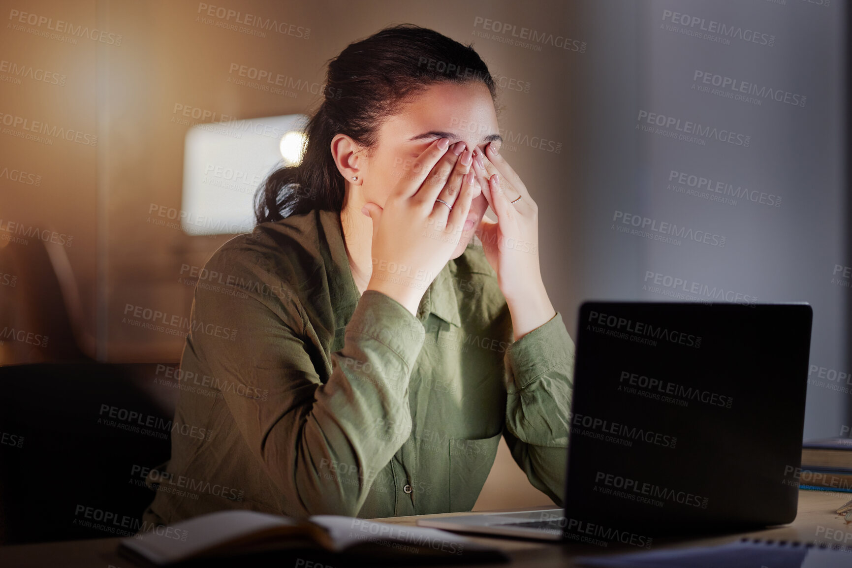 Buy stock photo Night, business and woman with burnout, tired and overworked with deadline, schedule and new project. Female consultant, employee and entrepreneur exhausted, working late or unproductive in workplace