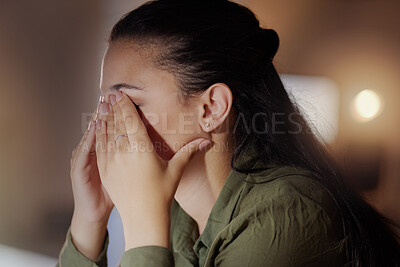 Buy stock photo Night, employee and woman with stress, tired and exhausted in office, overworked and burnout. Female employee, lady and consultant covering eyes, depression or mental health with deadline or schedule