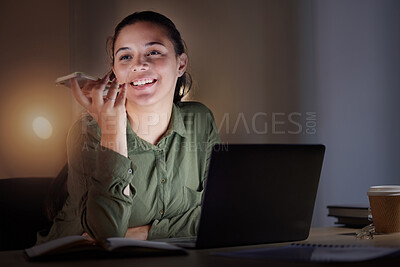 Buy stock photo Night, phone call and woman on speaker, business and conversation for planning, new project or smile. Female employee, consultant or entrepreneur with smartphone, voice note or working late in office