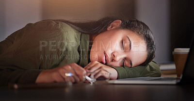 Buy stock photo Tired, business woman and sleeping in office at night with burnout, stress problem and low energy in evening. Fatigue, lazy and overtime female employee nap at table, deadlines and rest of overworked