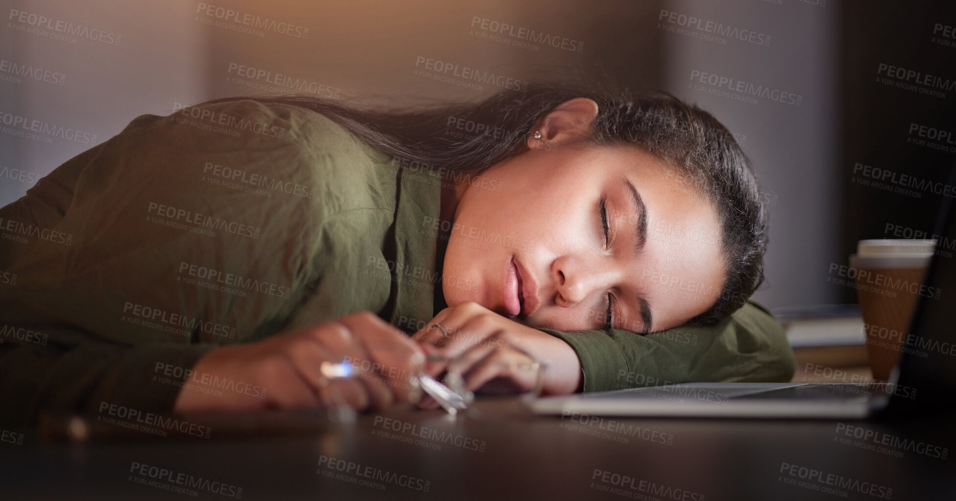 Buy stock photo Tired, business woman and sleeping in office at night with burnout, stress problem and low energy in evening. Fatigue, lazy and overtime female employee nap at table, deadlines and rest of overworked