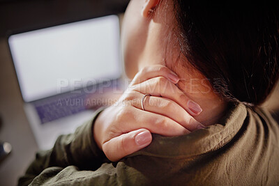 Buy stock photo Neck pain, hand and woman with closeup at desk with laptop, stiff joint with injury and hurt. Burnout, muscle tension and anatomy with health mockup, female working with bad posture and injured