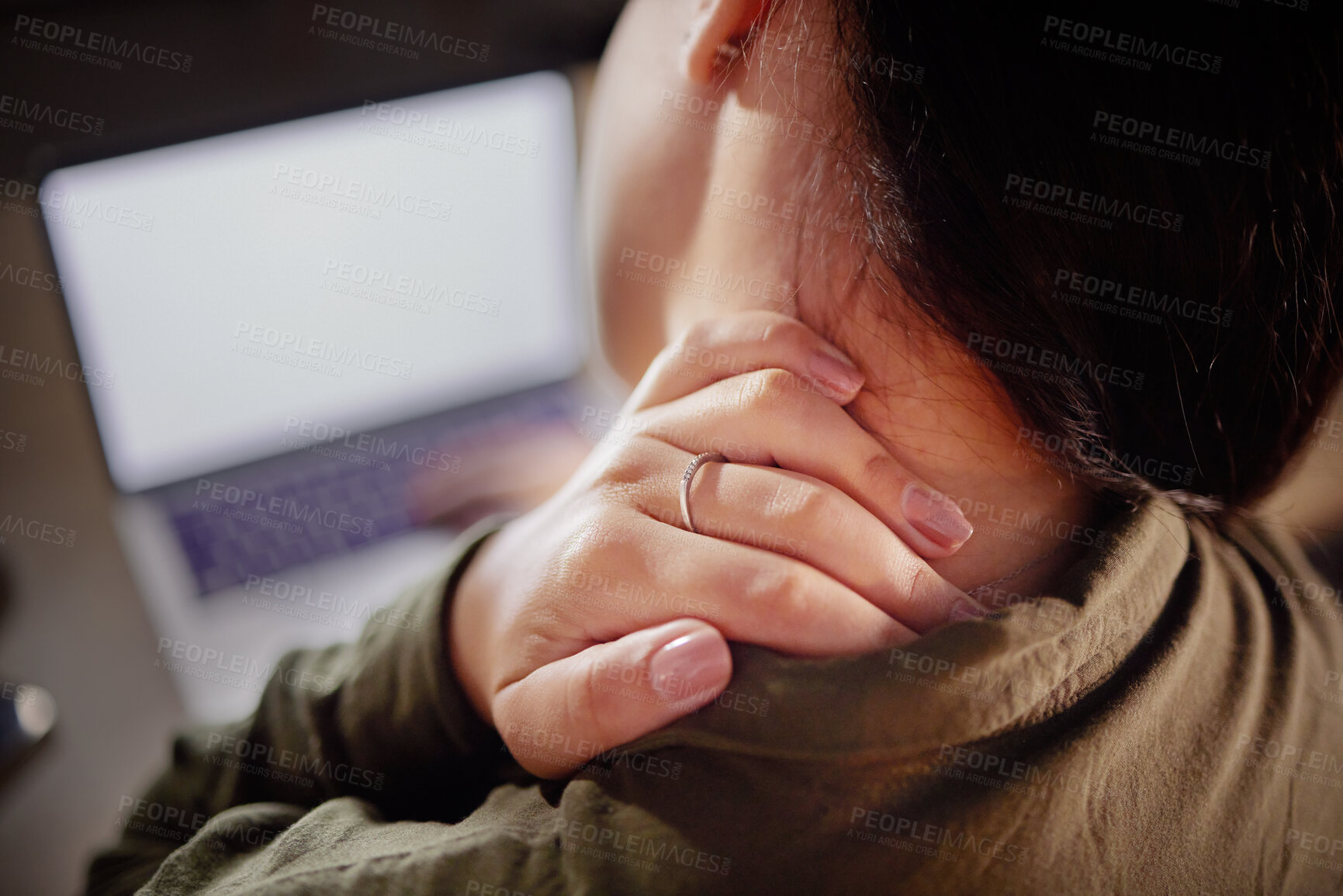 Buy stock photo Neck pain, hand and woman with closeup at desk with laptop, stiff joint with injury and hurt. Burnout, muscle tension and anatomy with health mockup, female working with bad posture and injured