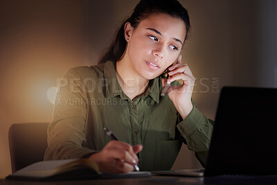 Buy stock photo Night, phone call and woman planning, writing and new project with ideas, evening and notes. Female employee, entrepreneur or lady with strategy, profit growth or overworked in workplace and talking