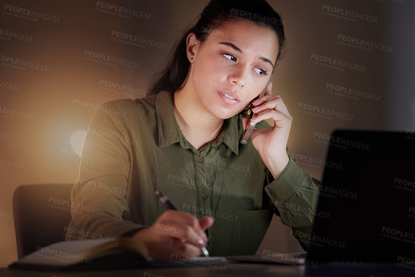 Buy stock photo Night, phone call and woman planning, writing and new project with ideas, evening and notes. Female employee, entrepreneur or lady with strategy, profit growth or overworked in workplace and talking