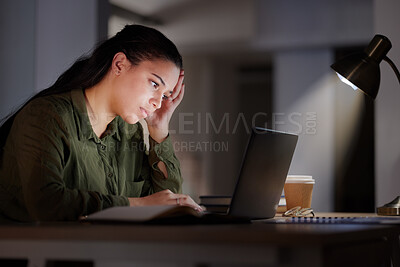 Buy stock photo Headache, woman with laptop at night and burnout, glitch or 404 with corporate stress and fatigue, pain and crisis. Young female working late, deadline and migraine with anxiety and mental health