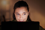 Woman, happy business and laptop at night for planning online strategy, research and company in dark office. Young female worker working overtime on computer for deadlines, productivity or technology