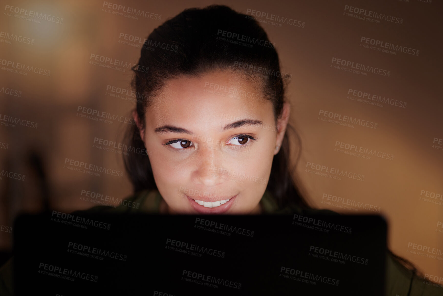 Buy stock photo Woman, happy business and laptop at night for planning online strategy, research and company in dark office. Young female worker working overtime on computer for deadlines, productivity or technology