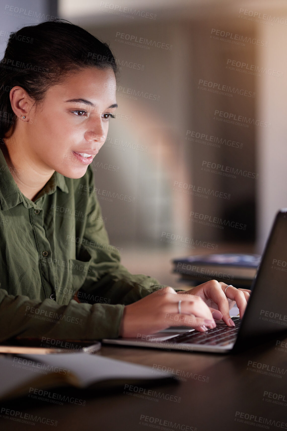 Buy stock photo Night, business and woman with laptop, typing and digital planning for new project, data analysis and focus. Female employee, entrepreneur and consultant with device, technology and search online