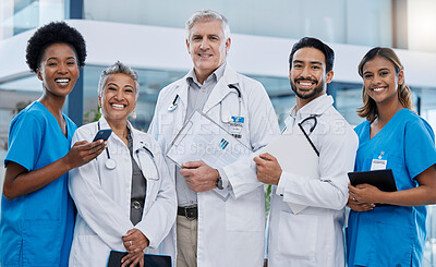 Buy stock photo Hospital, doctor team portrait and leadership smile in clinic feeling happy with vision. Healthcare, wellness and diversity group with nursing solidarity and stethoscope ready for medical teamwork