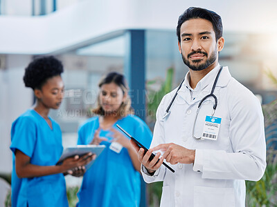 Buy stock photo Doctor tablet, hospital team and man portrait with nursing vision in clinic. Healthcare, wellness and professional group with nurse staff and stethoscope ready for medical teamwork and support