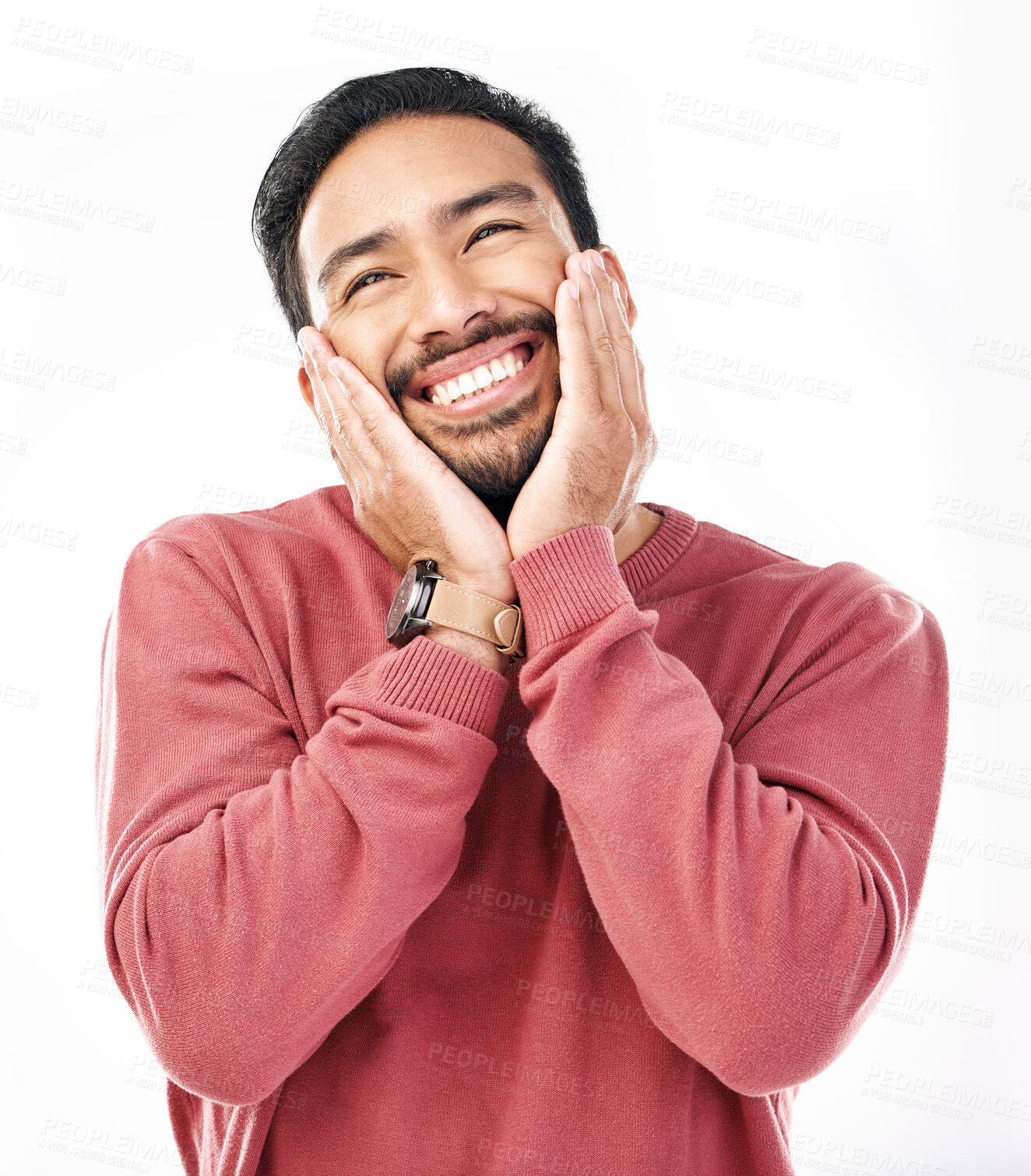 Buy stock photo Face, shy and in love with a man in studio isolated on a white background while touching his cheeks. Thinking, coy and cute with a handsome young indian male feeling special on valentines day