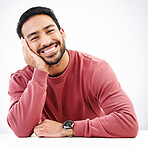 Happy, man and portrait in a studio with a smile looking attractive and handsome. Isolated, white background and resting male model feeling calm, friendly and confident with modern style smiling