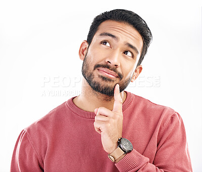 Buy stock photo Mockup, thinking and Asian man with decision, opportunity and thoughts isolated on white studio background. Japan, male and guy with fantasy, daydreaming and ideas for solution, mindset and happiness