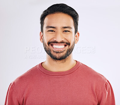 Buy stock photo Happy, handsome and a headshot portrait of an Asian man isolated on a white background in studio. Smile, pride and a guy with confidence, happiness and attractive while smiling on a backdrop