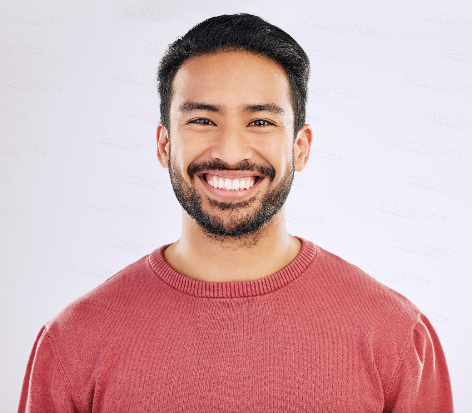 Buy stock photo Happy, handsome and a headshot portrait of an Asian man isolated on a white background in studio. Smile, pride and a guy with confidence, happiness and attractive while smiling on a backdrop