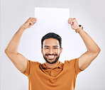 Poster, happy portrait mockup and man with marketing placard, studio advertising banner or product placement paper. Logo mock up, billboard promotion sign and brand person isolated on gray background