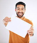 Studio poster, portrait mock up and happy man with marketing placard, advertising banner or product placement paper. Logo mockup, billboard promo sign and branding person isolated on gray background