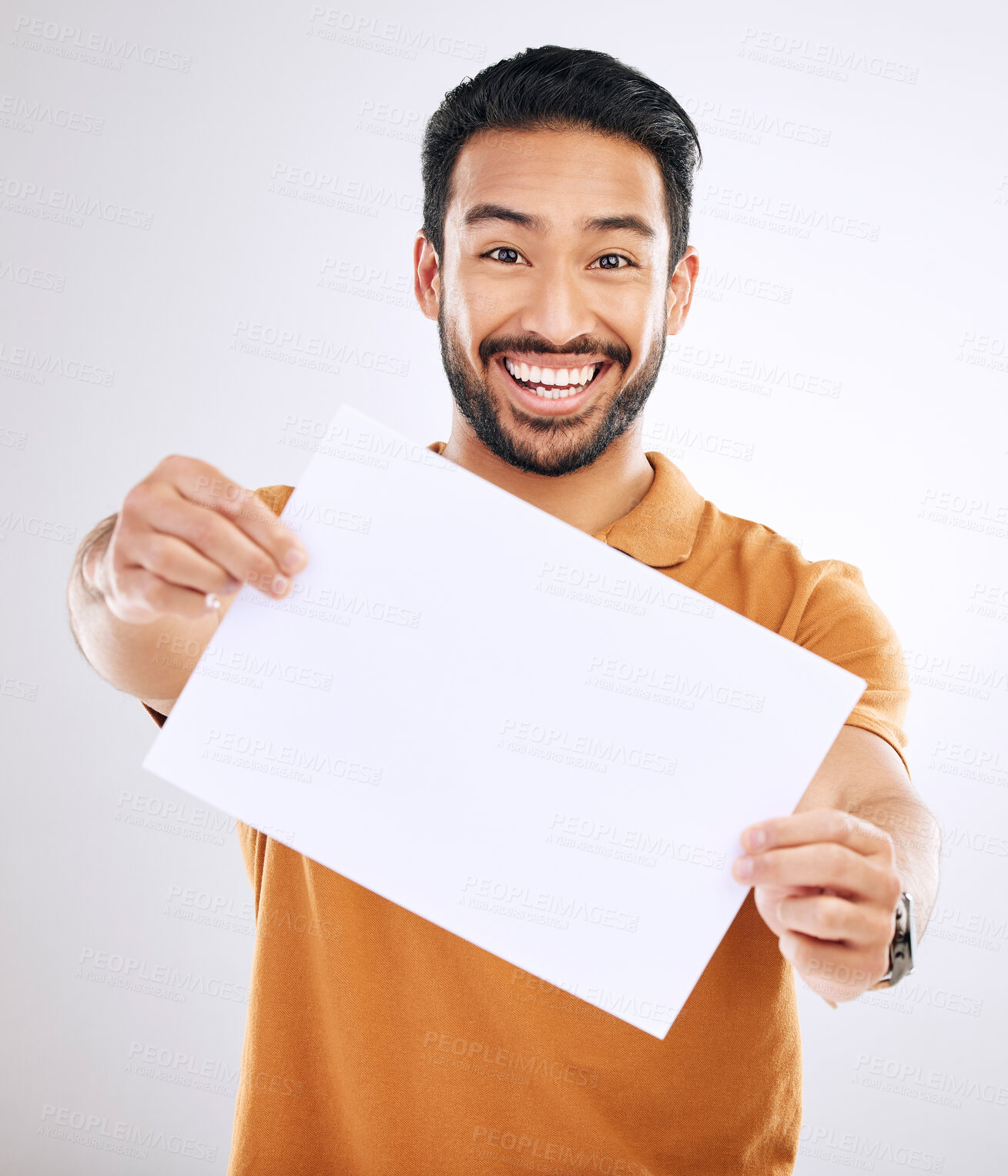 Buy stock photo Studio poster mock up, portrait and happy man with marketing placard, advertising banner or product placement paper. Logo mockup, billboard promo sign and branding person isolated on white background