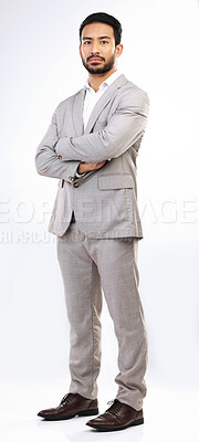 Buy stock photo Serious, business man and portrait of arms crossed in studio, white background and leadership. Focused male model, entrepreneur and professional corporate worker with pride, power and suit of boss 