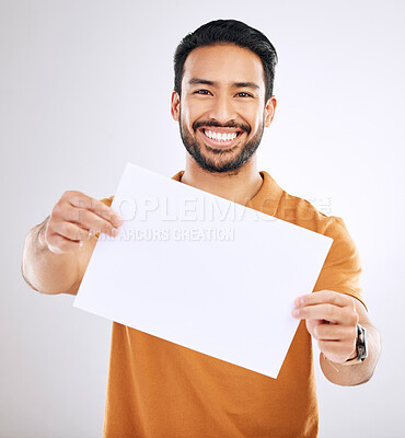 Buy stock photo Studio billboard, portrait mockup and happy man with marketing placard, advertising banner or product placement paper. Logo mock up, poster promotion sign or brand person isolated on white background