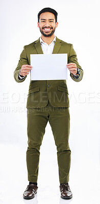 Buy stock photo Studio placard, happy man and portrait mockup with marketing poster, advertising banner or product placement. Business logo mock up, billboard promo sign and brand person isolated on white background